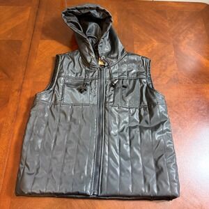 CW Sport Black Faux Leather Hooded Vest Zip Front Size L‎